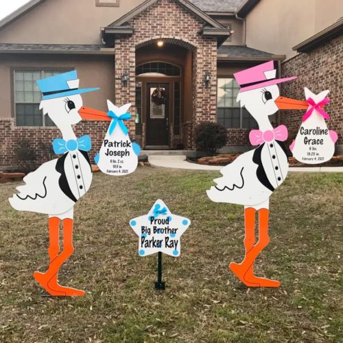 Twin Pink and Blue Stork Sign With Generic Bundles and Sibling Star, Birth Announcement Yard Stork Sign in The Woodlands, Spring, Kingwood, TX