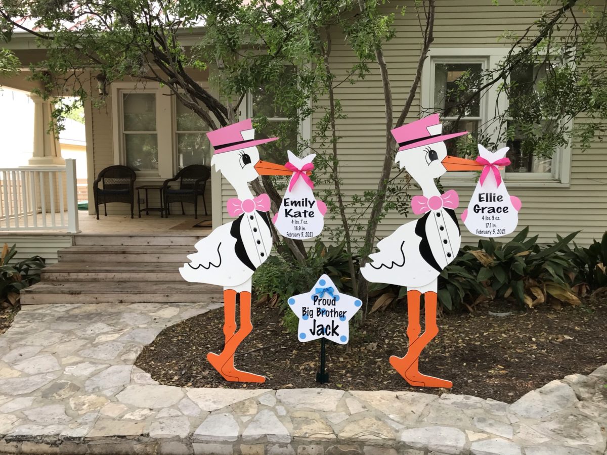 Twin Pink Stork Sign and Sibling Star, Birth Announcement Yard Stork Sign in The Woodlands, Spring, Kingwood, TX