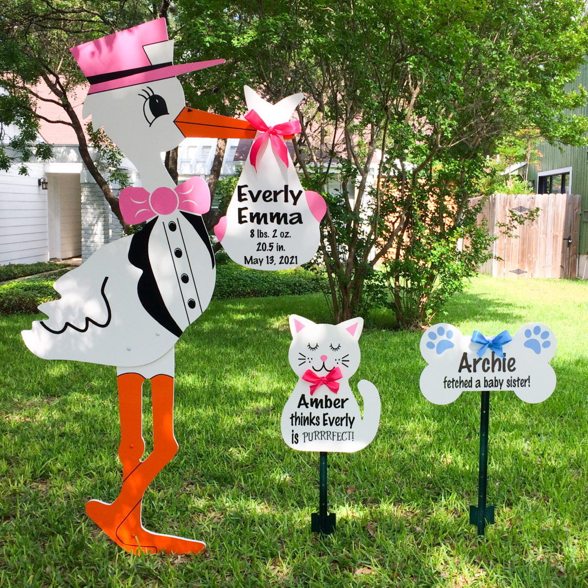 Pink Stork Sign with Cat and Dog Bone Pet Signs, Birth Announcement Yard Stork Sign in The Woodlands, Spring, Kingwood, TX