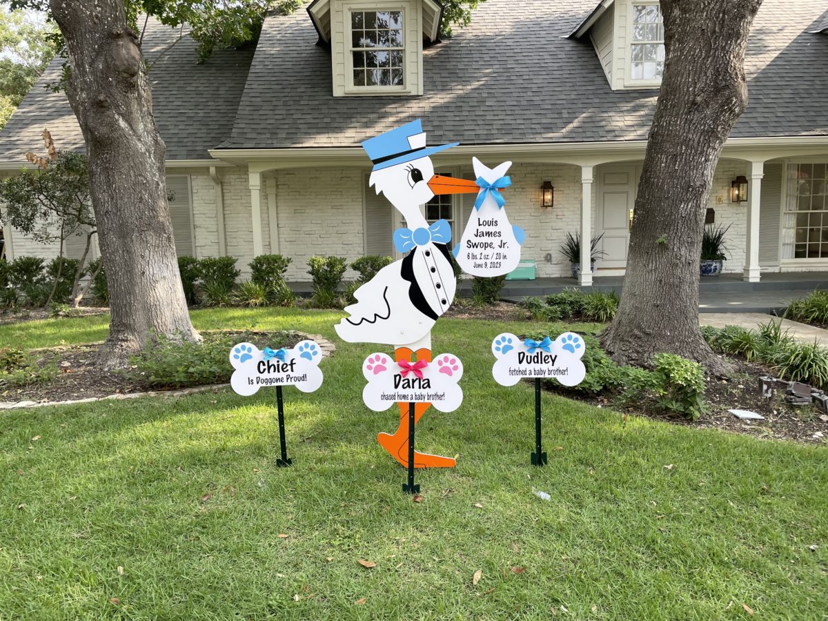 Blue Stork Sign With Dog Bone Signs, Birth Announcement Yard Stork Sign in The Woodlands, Spring, Kingwood, TX